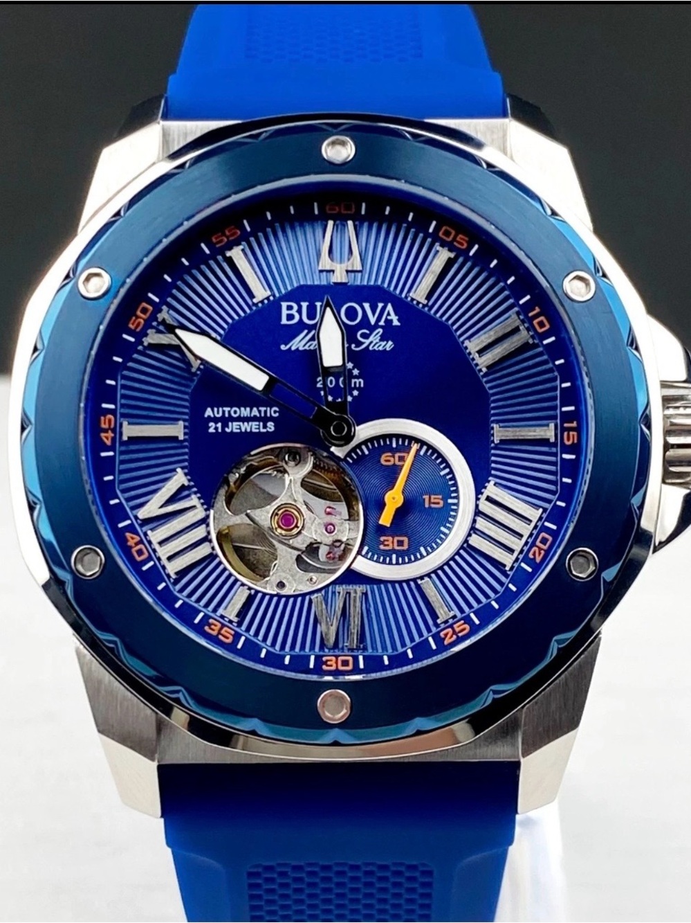 Bulova Blue Open-Heart Automatic Men's Watch with Blue Strap and Orange Accent